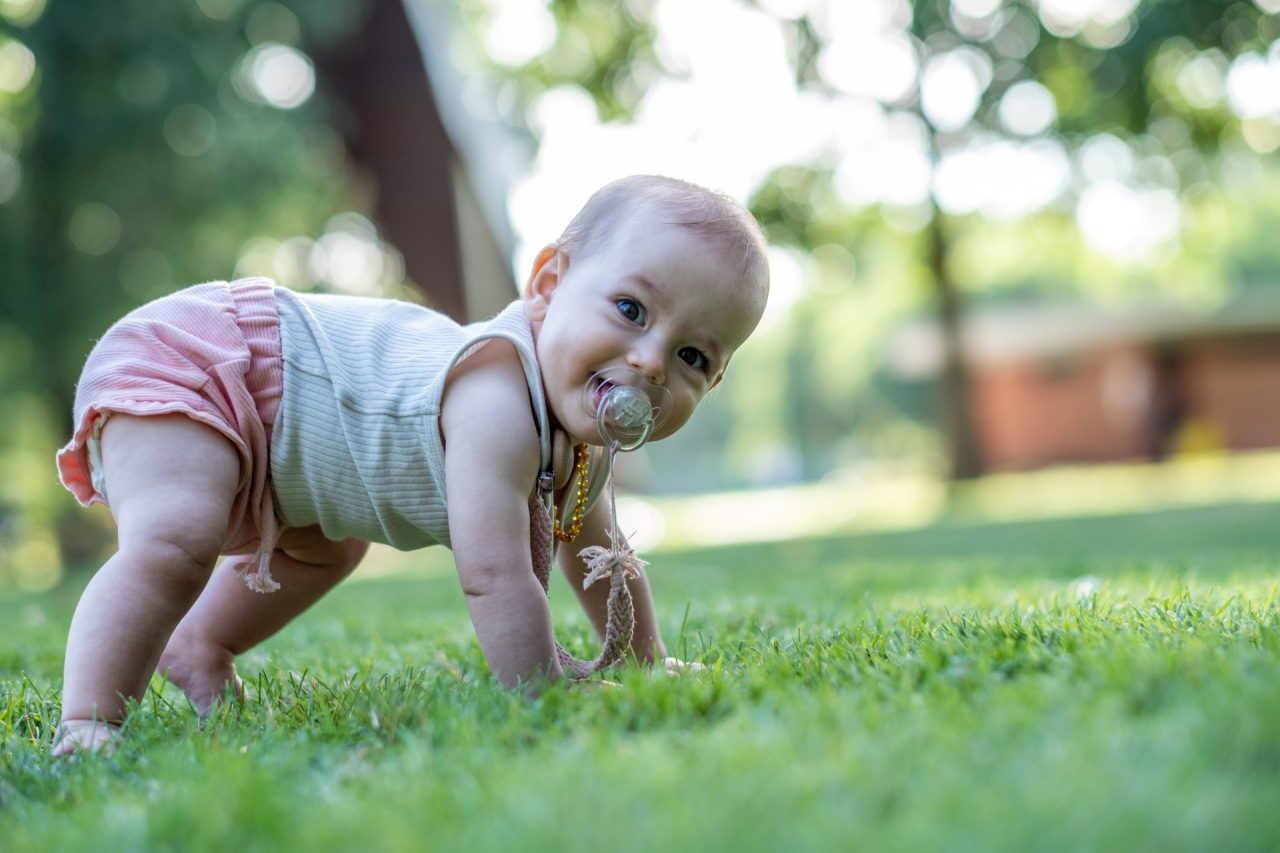 Baby krabbelnd auf der Wiese mit Schnuller im Mund